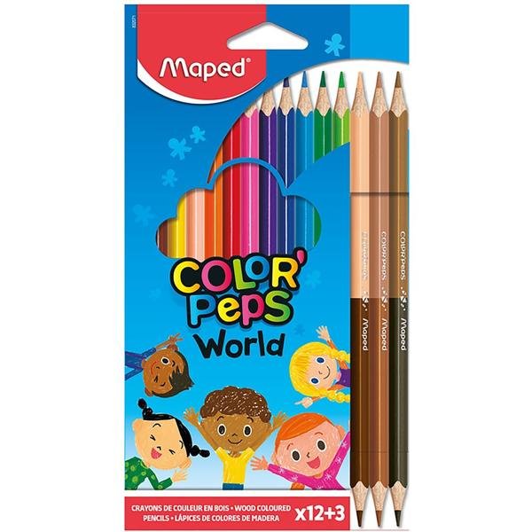 Lápis de Cor 12 cores Color Peps + 3 lápis duo Tons de Pele - 832071ZV Maped - CX 1 UN