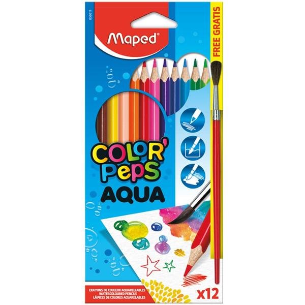 Lápis de Cor Color Peps Aquarelável, 12 cores + pincel de madeira , 836011, Maped ET 1 UN