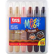 Giz de cera mega gel retrátil, 6 cores, tons de pele, 604374, Tris - CX 1 UN