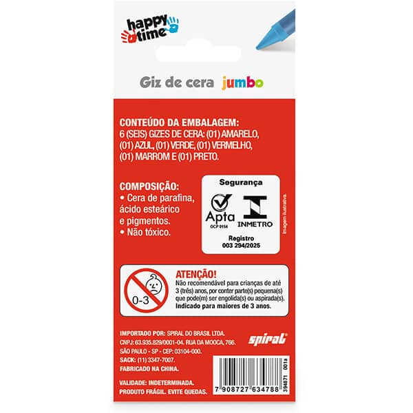 Giz de cera 6 cores, Gizão Jumbo, Happy-time - BT 6 UN Giz de cera 6 cores, Gizão Jumbo, Happy-time - BT 6 UN