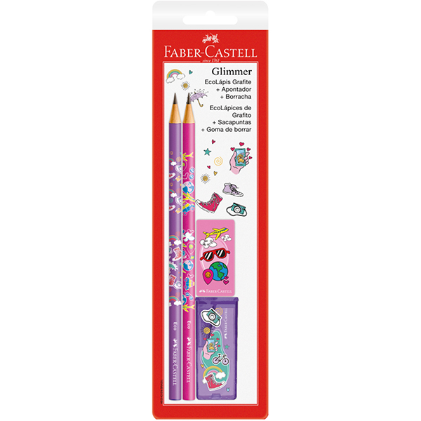 Kit Glimmer Viagem, 2 Ecolápis redondo + Apontador + Borracha, Faber-Castell - BT 4 UN Kit Glimmer Viagem, 2 Ecolápis redondo + Apontador + Borracha, Faber-Castell - BT 4 UN