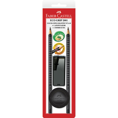 Kit Lápis Grafite 2 EcoLápis n.2 B Eco Grip 2001 Preto + Apontador + Borracha Faber-Castell BT 4 UN Kit Lápis Grafite 2 EcoLápis n.2 B Eco Grip 2001 Preto + Apontador + Borracha Faber-Castell BT 4 UN
