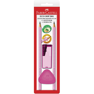 Kit Lápis Grafite 2 EcoLápis n.2 B Eco Grip 2001 Rosa + Apontador + Borracha Faber-Castell BT 4 UN Kit Lápis Grafite 2 EcoLápis n.2 B Eco Grip 2001 Rosa + Apontador + Borracha Faber-Castell BT 4 UN