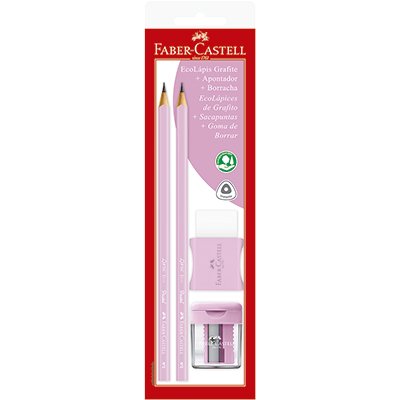 Kit Lápis Grafite Pastel Rosa 2 EcoLápis n.2 + Apontador + Borracha Faber-Castell BT 4 UN