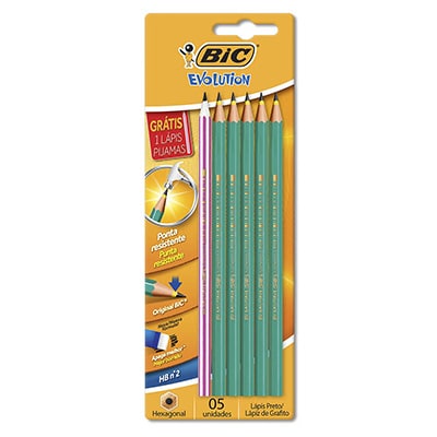 Lápis Preto BIC Evolution Nº 2HB Sextavado, Corpo Verde + 1 Lápis Preto Pijama Sortido Grátis, 902565 - BT 6 UN