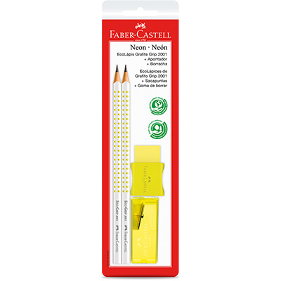 Kit Grip 2001, Lápis preto N.2 + Apontador + Borracha, Neon Amarelo, Faber-Castell - BT 4 UN Kit Grip 2001, Lápis preto N.2 + Apontador + Borracha, Neon Amarelo, Faber-Castell - BT 4 UN
