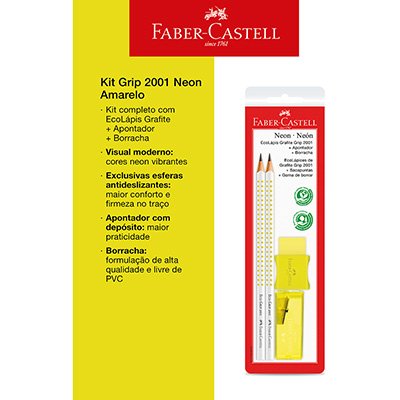 Kit Grip 2001, Lápis preto N.2 + Apontador + Borracha, Neon Amarelo, Faber-Castell - BT 4 UN