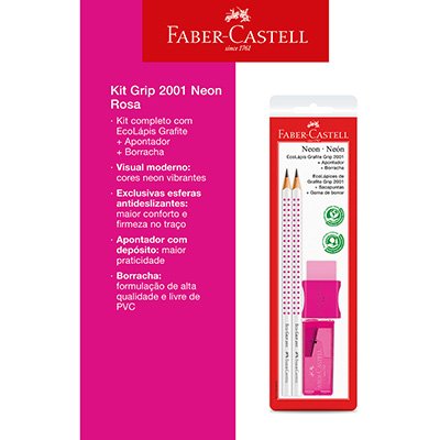 Kit Grip 2001, Lápis preto N.2 + Apontador + Borracha, Neon Rosa, Faber-Castell - BT 4 UN