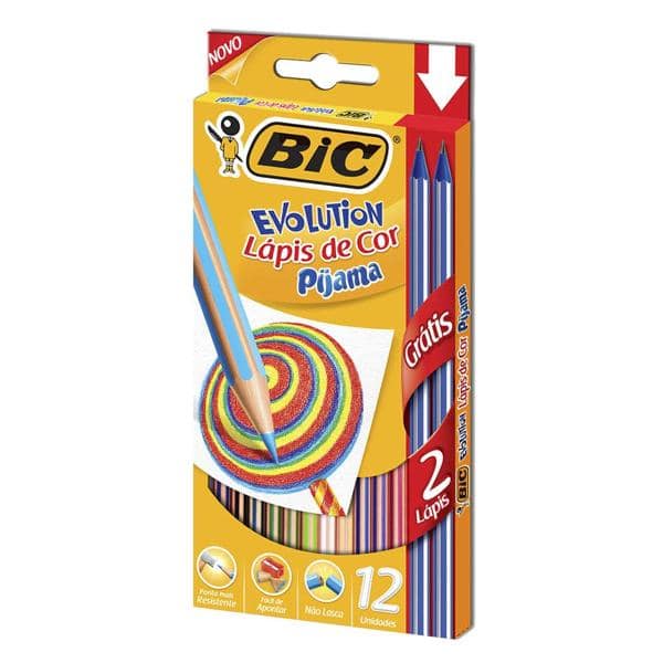 Lápis de Cor BIC Evolution Pijamas com 12 cores + 2 Lápis Preto, Corpo Sextavado e Listrado, Cores Vivas, 902395 - CX 14 UN