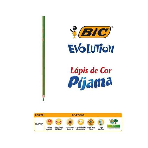 Lápis de Cor BIC Evolution Pijamas com 12 cores + 2 Lápis Preto, Corpo Sextavado e Listrado, Cores Vivas, 902395 - CX 14 UN