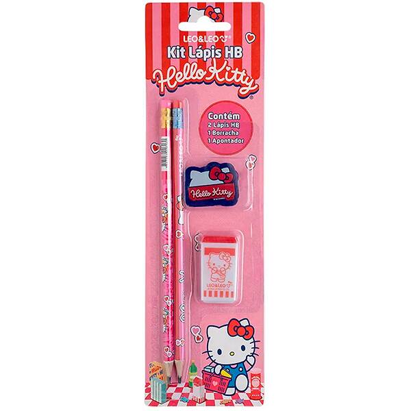 Kit Escolar Hello Kitty com Lápis preto n.2, Borracha e Apontador, 71622, Leonora - BT 4 UN Kit Escolar Hello Kitty com Lápis preto n.2, Borracha e Apontador, 71622, Leonora - BT 4 UN