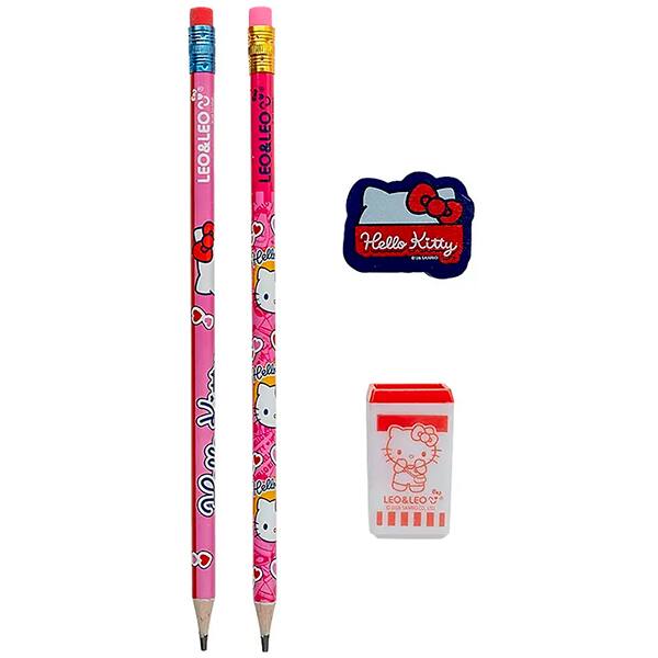 Kit Escolar Hello Kitty com Lápis preto n.2, Borracha e Apontador, 71622, Leonora - BT 4 UN Kit Escolar Hello Kitty com Lápis preto n.2, Borracha e Apontador, 71622, Leonora - BT 4 UN