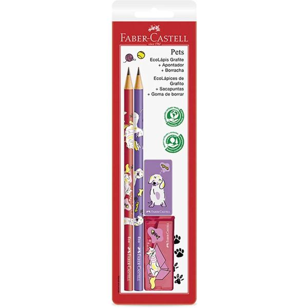 Kit Coleção Pets EcoLápis Grafite + Apontador + Borracha Rosa e Roxo, Faber-Castell - BT 4 UN Kit Coleção Pets EcoLápis Grafite + Apontador + Borracha Rosa e Roxo, Faber-Castell - BT 4 UN