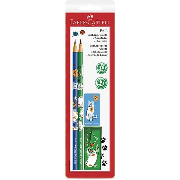 Kit Coleção Pets EcoLápis Grafite + Apontador + Borracha Verde e Azul, Faber-Castell - BT 1 UN