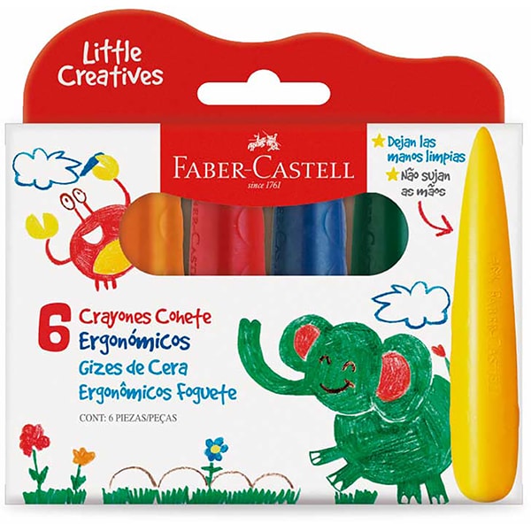 Giz de Cera Foguete, Little Creatives, 6 Cores, Faber-Castell - CX 6 UN