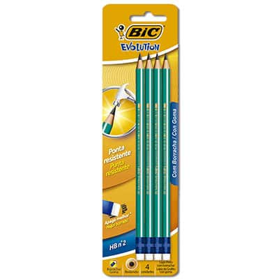 Lápis Preto BIC Evolution, Corpo Verde, Redondo com Borracha, Grafite HB2, Macio, 835318 - BT 4 UN