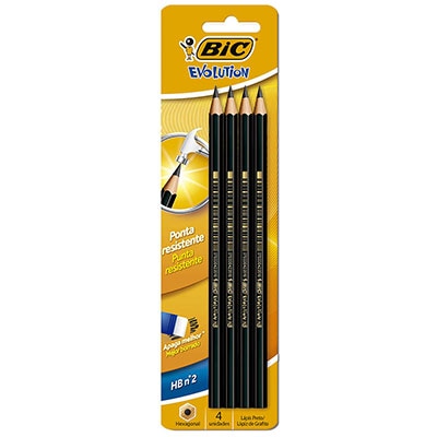 Lápis Preto BIC Evolution, Grafite Nº2HB, com Corpo Preto Hexagonal, Seguro Para Crianças, 904328 - BT 4 UN