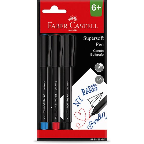 Caneta hidrográfica SuperSoft Pen, 1.0mm, 3 cores, Faber-Castell BT 3 UN Caneta hidrográfica SuperSoft Pen, 1.0mm, 3 cores, Faber-Castell BT 3 UN