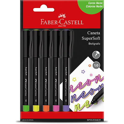 Caneta hidrográfica 1,0mm, SuperSoft, Neon, Faber-Castell - BT 5 UN Caneta hidrográfica 1,0mm, SuperSoft, Neon, Faber-Castell - BT 5 UN