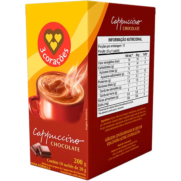 Cappuccino chocolate sachê 20g, 3 Corações - CX 10 UN