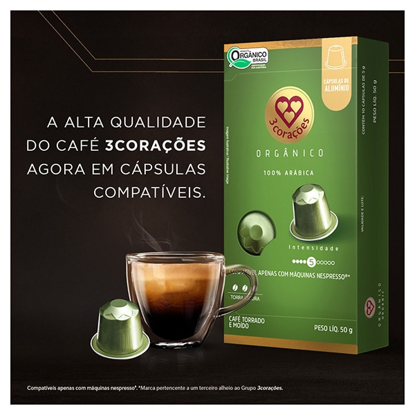 Cápsula de café Compatível com Nespresso, 3 Corações, Expresso orgânico, Três Corações - PT 10 UN