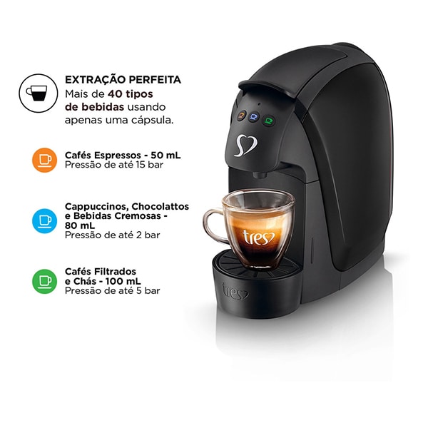 Cafeteira Luna para Expresso e Multibebidas, 220v, Preta, 20911390, Três Corações - CX 1 UN