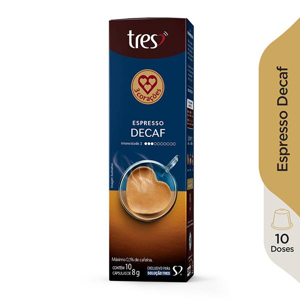 Cápsula de Café Espresso Descafeinado, Compatível com Cafeteira Tres, 3 corações - CX 10 UN