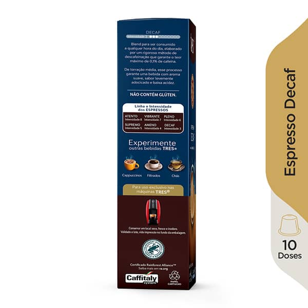 Cápsula de Café Espresso Descafeinado, Compatível com Cafeteira Tres, 3 corações - CX 10 UN