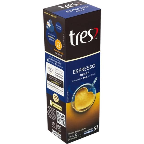 Cápsula de Café Espresso Descafeinado, Compatível com Cafeteira Tres, 3 corações - CX 10 UN