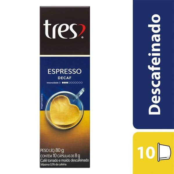 Cápsula de Café Espresso Descafeinado, Compatível com Cafeteira Tres, 3 corações - CX 10 UN