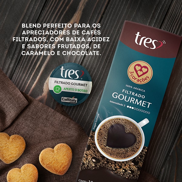 Cápsula de café gourmet, Coado, Compatível com Cafeteira Tres, 3 corações - CX 10 UN