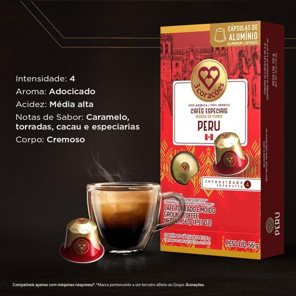 Cápsula de café Compatível com Nespresso, Peru, Três Corações CX 10 UN