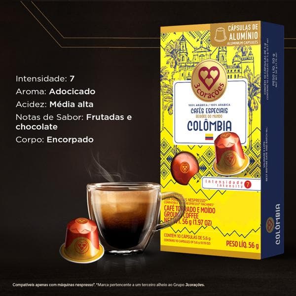 Cápsula de café Compatível com Nespresso, Colombia, Três Corações - CX 10 UN