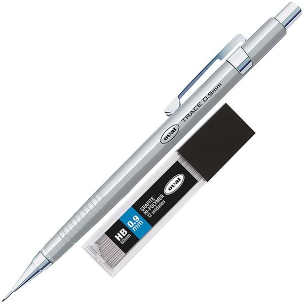 Lapiseira técnica Prata metálico, 0.9mm + 1 tubo com 12 minas grafite, Oval - BT 1 UN