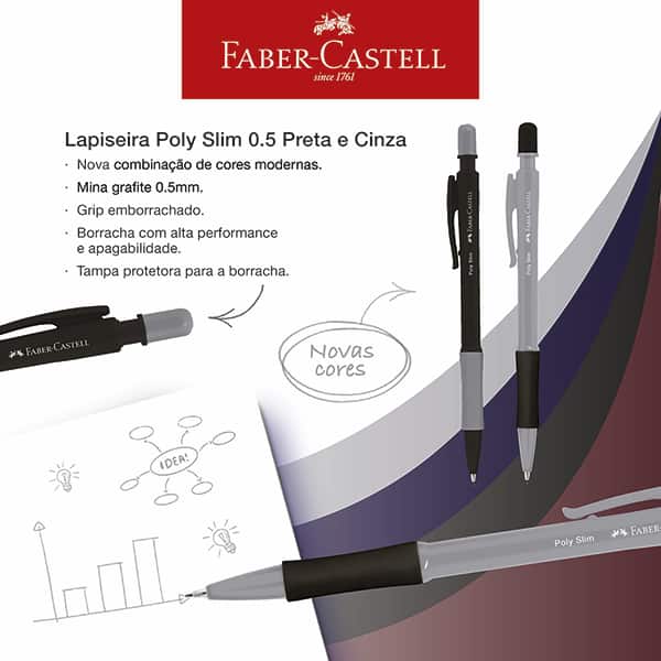Lapiseira Poly Slim 0.5mm, Cinza e Preto, Faber-Castell - BT 2 UN