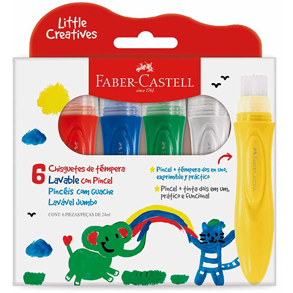 Pincéis com Guache Jumbo, Little Creatives, 6 Cores, 24ml, Faber-Castell - CX 1 UN Pincéis com Guache Jumbo, Little Creatives, 6 Cores, 24ml, Faber-Castell - CX 1 UN