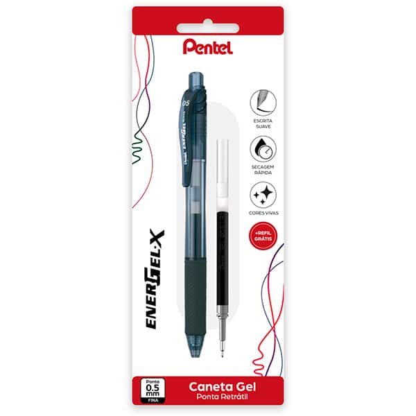 Caneta gel retrátil Energel-X, 0,5mm, Preta, + Refil, SM/BLN105, Pentel - BT 1 UN