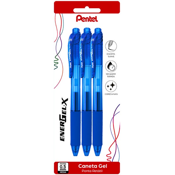 Caneta gel retrátil Energel-X, 0,5mm, Azul, SM/BLN105, Pentel - BT 3 UN