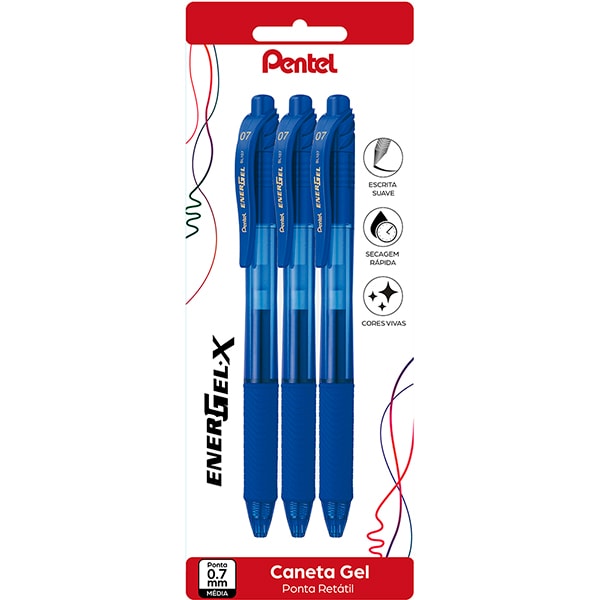 Caneta gel retrátil Energel-X, 0,7mm, Azul, SM/BLN107-3, Pentel - BT 3 UN