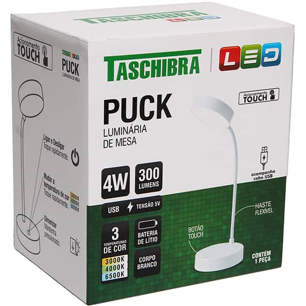 Luminária de Mesa LED Puck, USB, Branco, 1502003801, Taschibra - CX 1 UN