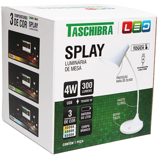 Luminária de Mesa LED Splay, USB, Branco, 1502003901, Taschibra - CX 1 UN