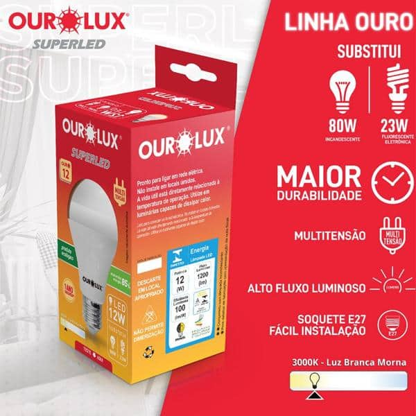 Lâmpada LED 12w, Bivolt, 3000k, 20047, Ourolux - CX 1 UN