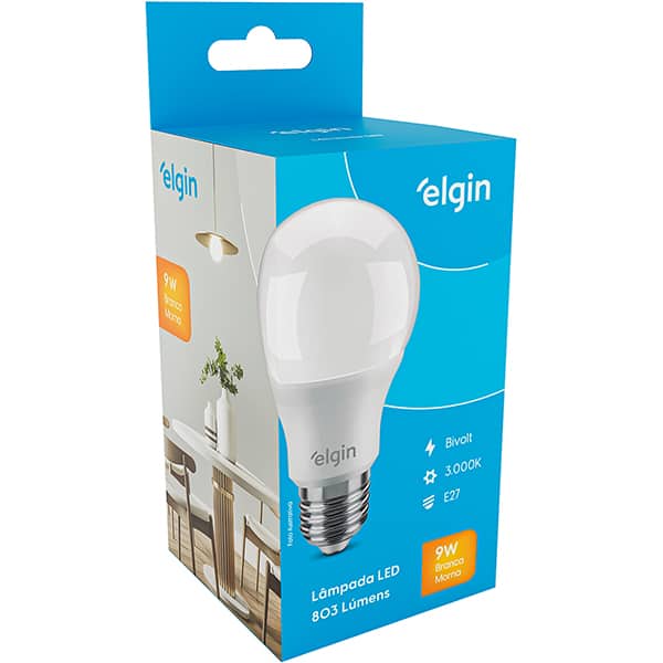 Lâmpada LED Bulbo, 9w, bivolt, 3000k, 48BLED2M09, Elgin - CX 1 UN