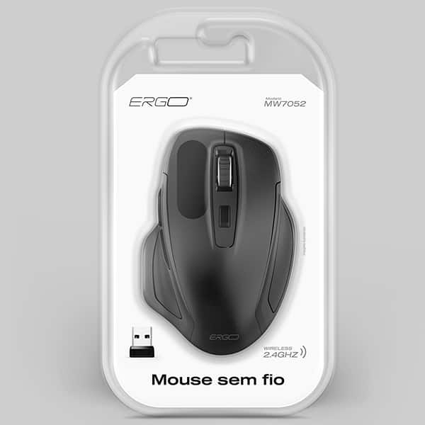 Mouse ergonômico sem fio, 1600 DPI, Preto, MW7052, Ergo - CX 1 UN