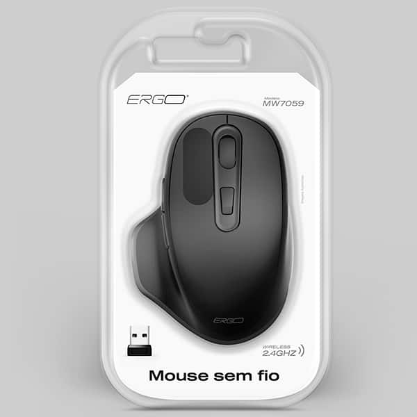 Mouse ergonômico sem fio, 1600 DPI, Preto, MWE7059, Ergo - CX 1 UN