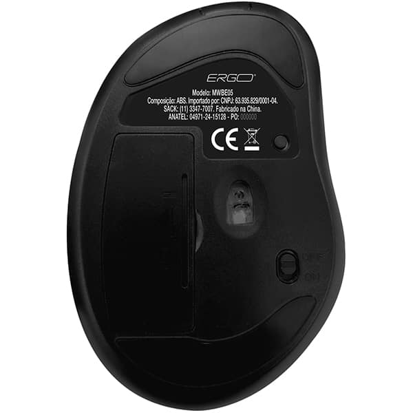 Mouse ergonômico sem fio, 1600 DPI, Preto, MWBE05, Ergo - CX 1 UN