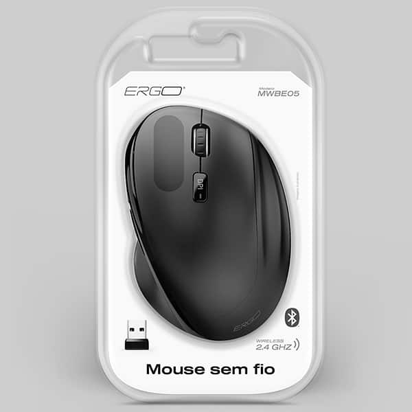 Mouse ergonômico sem fio, 1600 DPI, Preto, MWBE05, Ergo - CX 1 UN