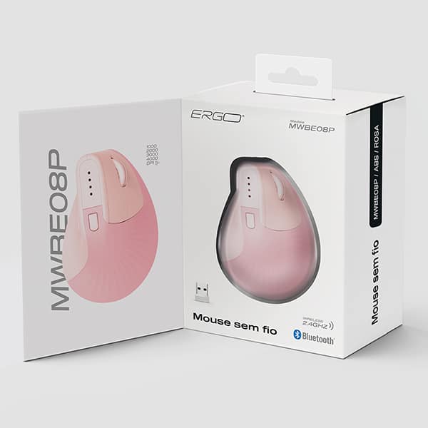 Mouse ergonômico sem fio, 4000 DPI, Rosa, MWBE08P, Ergo - CX 1 UN