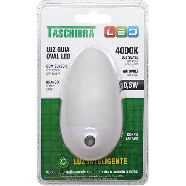 Luz noturna LED com sensor, 4000K,Oval, Branca, Bivolt, 15130007, Taschibra - BT 1 UN