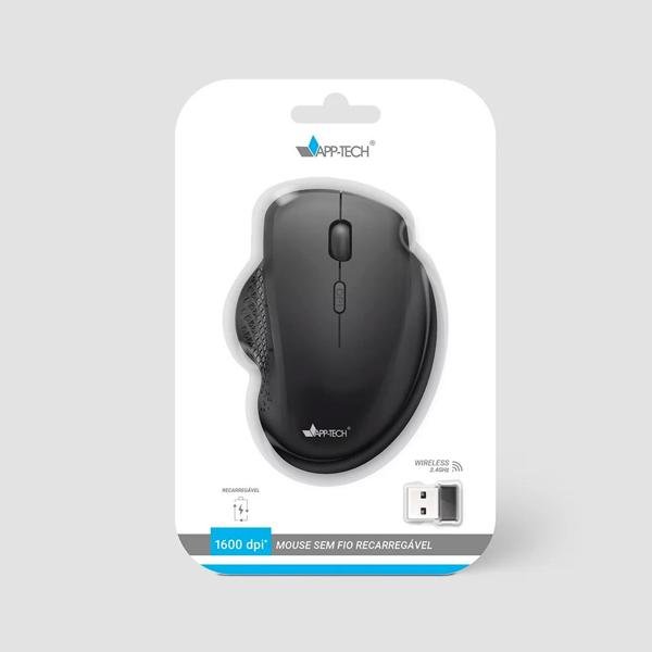 Mouse sem fio, Recarregável, Preto, 1600dpi, MWR560, App-tech - CX 1 UN